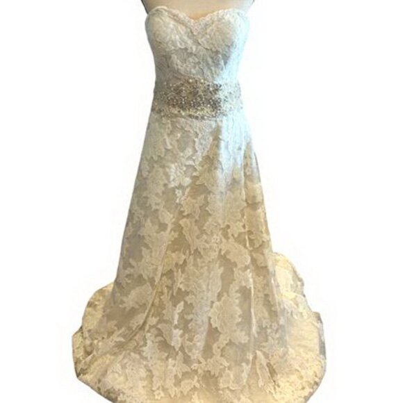 Signature Justin Alexander Pearl Silver Beaded Lace Wedding Gown - Picture 1 of 5